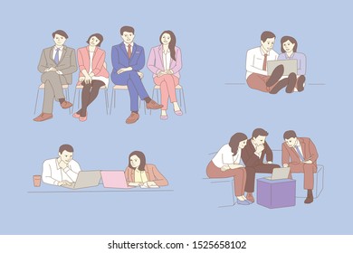 Group of office workers sitting at desks and communicating or talking to each other. Dialogs or conversations between colleagues or clerks at workplace. Flat cartoon colorful vector illustration.