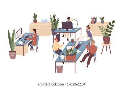 Group of office workers sitting at desks and communicating or talking to each other. Dialogs or conversations between colleagues or clerks at workplace.