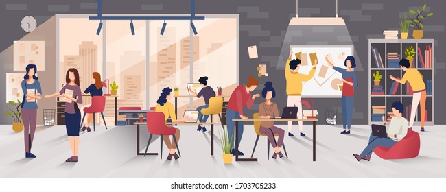 Group of office workers sitting at desks and communication. Flat cartoon colorful vector illustration. 