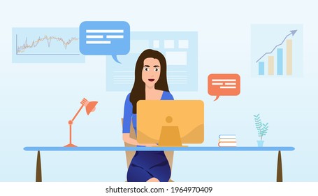 Group of office workers sitting at desks and communicating or talking to each other. Dialogue or conversations between colleagues.Doing business through technology.vector illustration.