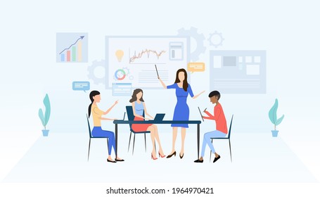 Group of office workers sitting at desks and communicating or talking to each other. Dialogue or conversations between colleagues.Doing business through technology.vector illustration.