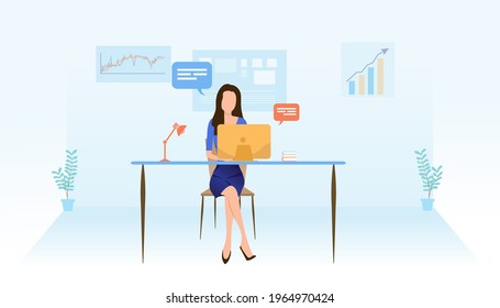 Group of office workers sitting at desks and communicating or talking to each other. Dialogue or conversations between colleagues.Doing business through technology.vector illustration.