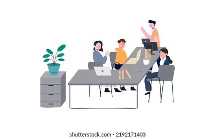 Grupo de trabajadores de oficina sentados en escritorios y comunicándose o hablando entre ellos. Diálogos o conversaciones entre colegas o empleados en la ilustración del lugar de trabajo 