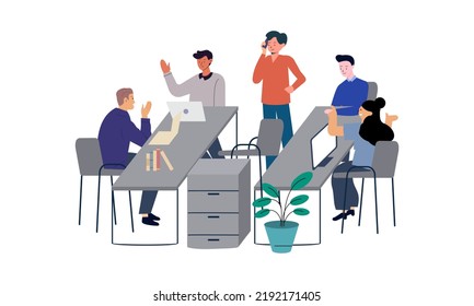 Grupo de trabajadores de oficina sentados en escritorios y comunicándose o hablando entre ellos. Diálogos o conversaciones entre colegas o empleados en la ilustración del lugar de trabajo 