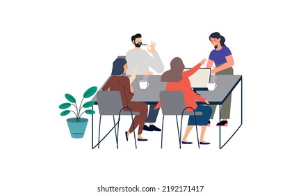 Grupo de trabajadores de oficina sentados en escritorios y comunicándose o hablando entre ellos. Diálogos o conversaciones entre colegas o empleados en la ilustración del lugar de trabajo 