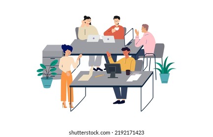 Gruppe von Büroangestellten, die an den Schreibtischen sitzen und miteinander kommunizieren oder miteinander sprechen. Dialoge oder Gespräche zwischen Kollegen oder Mitarbeitern an der Arbeitsstätte 