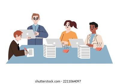 Gruppe von Büroangestellten, die an den Schreibtischen sitzen und miteinander kommunizieren oder miteinander sprechen. Dialoge oder Gespräche zwischen Kollegen oder Mitarbeitern am Arbeitsplatz. Flache Vektorgrafik einzeln auf Weiß 