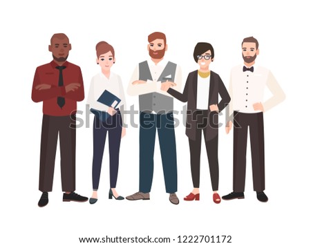 Group of office workers standing together. Team of happy male and female professionals. Funny cartoon characters isolated on white background. Colored vector illustration in modern flat style.