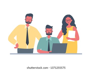 Group of office workers. Team work concept. Young man is working on laptop. Other employees are standing near him. People icons. Funky flat style. Vector illustration.