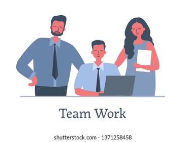 Group of office workers. Team work concept. Young man is working on laptop. Other employees are standing near him. People icons. Funky flat style. Vector illustration.