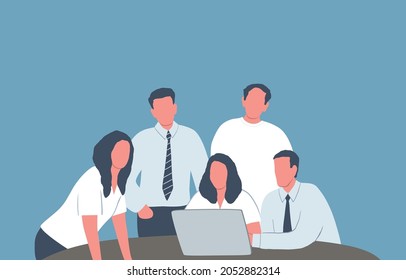 Group of office workers. Teamwork concept. Young woman is working on laptop. Other employees are standing and sitting near her. People icons. Funky flat style. Vector illustration.
