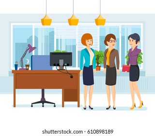 Group of office workers. Womens work with documents, talk on phone. Interior with vegetation, modern furniture and appliances, as well as views of city. Vector illustration isolated in cartoon style.