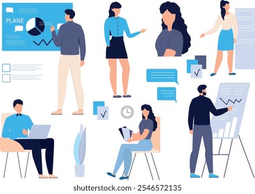 Trabajadores de oficina en grupo trabajan en oficina o espacio de coworking. mesas con computadoras y computadoras portátiles, dialogan y se comunican en el lugar de trabajo entre colegas. Analizar y desarrollar Vector de estrategia empresarial