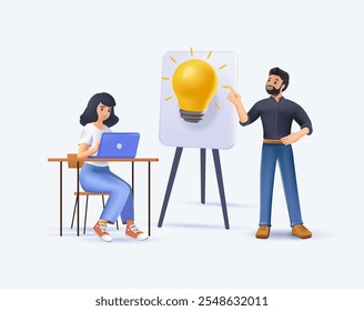 Escritório de trabalho de trabalhadores de escritório de grupo ou espaço de coworking ilustração 3D. Tabelas com computadores e laptops, têm diálogo e comunicação no local de trabalho entre colegas. analisar e desenvolver negócios