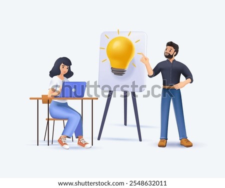 Group office workers work office or coworking space 3D illustration. Tables with computers and laptops, have dialogue and communicate at workplace between colleagues. analyse and develop business