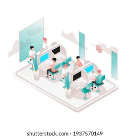 Group of office workers, work table, coworking space, concept illustration. Young people, man and woman freelancers working on laptops and computers Flat cartoon colorful web vector illustration