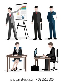 Group of office workers at work in various poses on a white background
