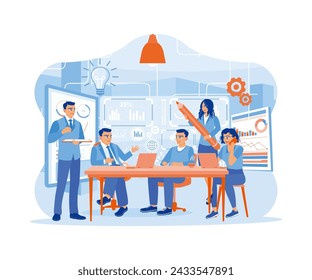 Group of office workers working in an office or co-working space. Dialogue and communication at work between colleagues. A team of people is sitting at desks with laptops. 