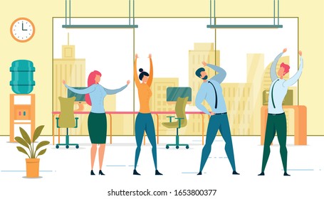 Group Office Workout Flat Vector Illustration. Company Employees Doing Collective Physical Exercises Cartoon Characters. Workers Health And Wellbeing Care. Break From Work, Stress Relief