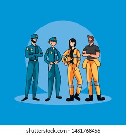 group of officers police and workers construction
