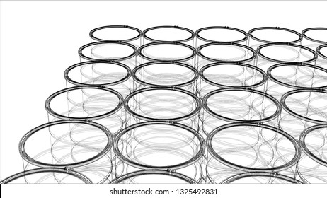 Group of oil barrels outline. Vector rendering of 3d. Wire-frame style. The layers of visible and invisible lines are separated