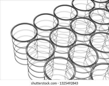 Group of oil barrels outline. Vector rendering of 3d. Wire-frame style. The layers of visible and invisible lines are separated