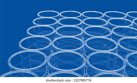 Group of oil barrels outline. Vector rendering of 3d. Wire-frame style. The layers of visible and invisible lines are separated