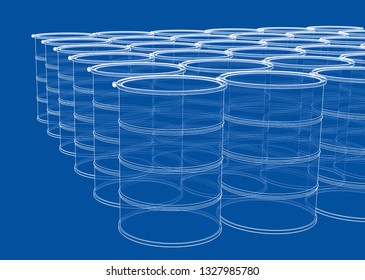 Group of oil barrels outline. Vector rendering of 3d. Wire-frame style. The layers of visible and invisible lines are separated