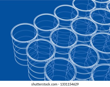 Group of oil barrels outline. Vector rendering of 3d. Wire-frame style. The layers of visible and invisible lines are separated