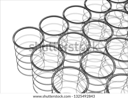 Group of oil barrels outline. Vector rendering of 3d. Wire-frame style. The layers of visible and invisible lines are separated