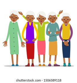 Group old african women, design for any purposes. Senior black american people smiling. Retirement age. Happy attractive lifestyle. Female symbol. Cartoon illustration isolated on white background