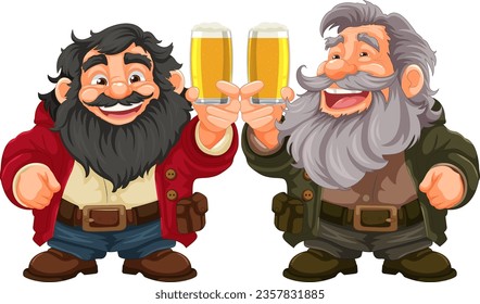 A group of old friends with beards and mustaches celebrate while drinking pints of beer