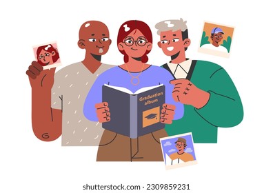 Group of old friends recon positive memories looking at photographics. Characters remembering important and sweet moments, past experience and events. Flat vector illustration