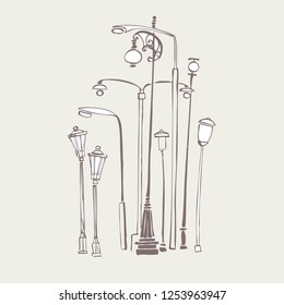 group of old lamps. Vintage vector illustration