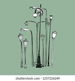 group of old lamps. Vintage vector illustration