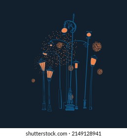 group of old lamps. Vintage vector illustration
