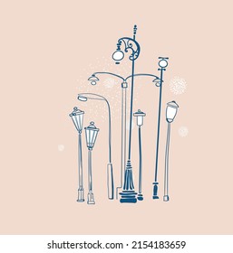 grupo de lámparas antiguas. Ilustración vectorial vintage