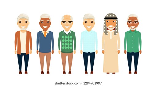 A group of old men. Set of different men, retirement age. In flat style on white background. Cartoon.