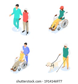 Group of old men with walking stick, guide dog and wheelchair isolated on white background. Retirement, caring for the elderly. Flat vector isometric illustration.