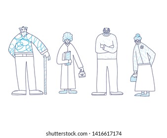 Group of old people. Different retired persons isolated on white background. Vector flat illustration.
