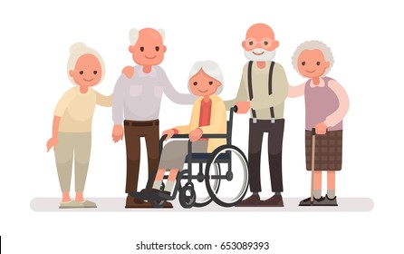 Group of old people on a white background. An elderly woman is sitting in a wheelchair. Vector illustration in a flat style