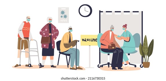 Group of old people senior pensioners waiting for vaccination. Aged men and women in medical clinic getting vaccinated immune shot from covid-19 disease. Cartoon flat vector illustration