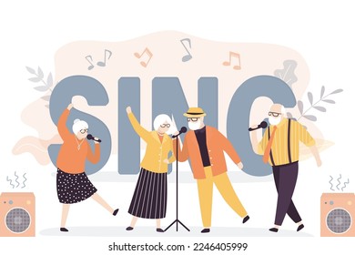 Group of old people sing song and dancing. Grandmothers and grandfathers entertainment. Karaoke party. Happy active elderly friends uses mics. Retirement activities concept. flat vector illustration