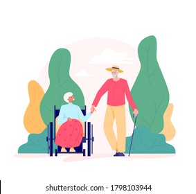 Group of old people walking outdoor. Old man with a cane and woman in a wheelchair in a park. Recreation and leisure retiree activities concept. Vector illustration of elderly people, flat style.