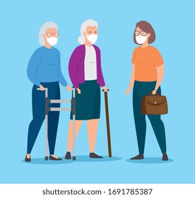 group old women with respiratory protection vector illustration design