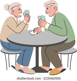 A Group Of Older Friends Are Playing Cards. Older Men And Women Spend Time Together, Relaxing And Having Fun, Playing Board Games, Bridge Or Poker. Cartoon Vector Illustration