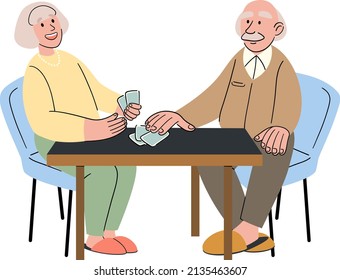 A group of older friends are playing cards. Older men and women spend time together, relaxing and having fun, playing board games, bridge or poker. Cartoon vector illustration