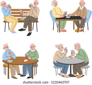 A Group Of Older Friends Are Playing Cards. Older Men And Women Spend Time Together, Relaxing And Having Fun, Playing Board Games, Bridge Or Poker. Cartoon Vector Illustration