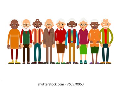 Group older people. Aged people caucasian and african. Elderly men and women. Illustration in flat style. Isolated
