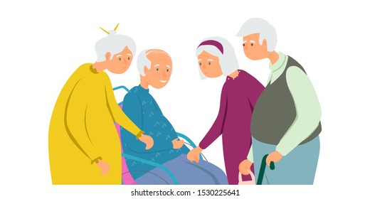 A group of older people flat vector illustration. Elderly woman and elderly man spend time together. Lifestyle of old people. Senior man and woman have fun together.